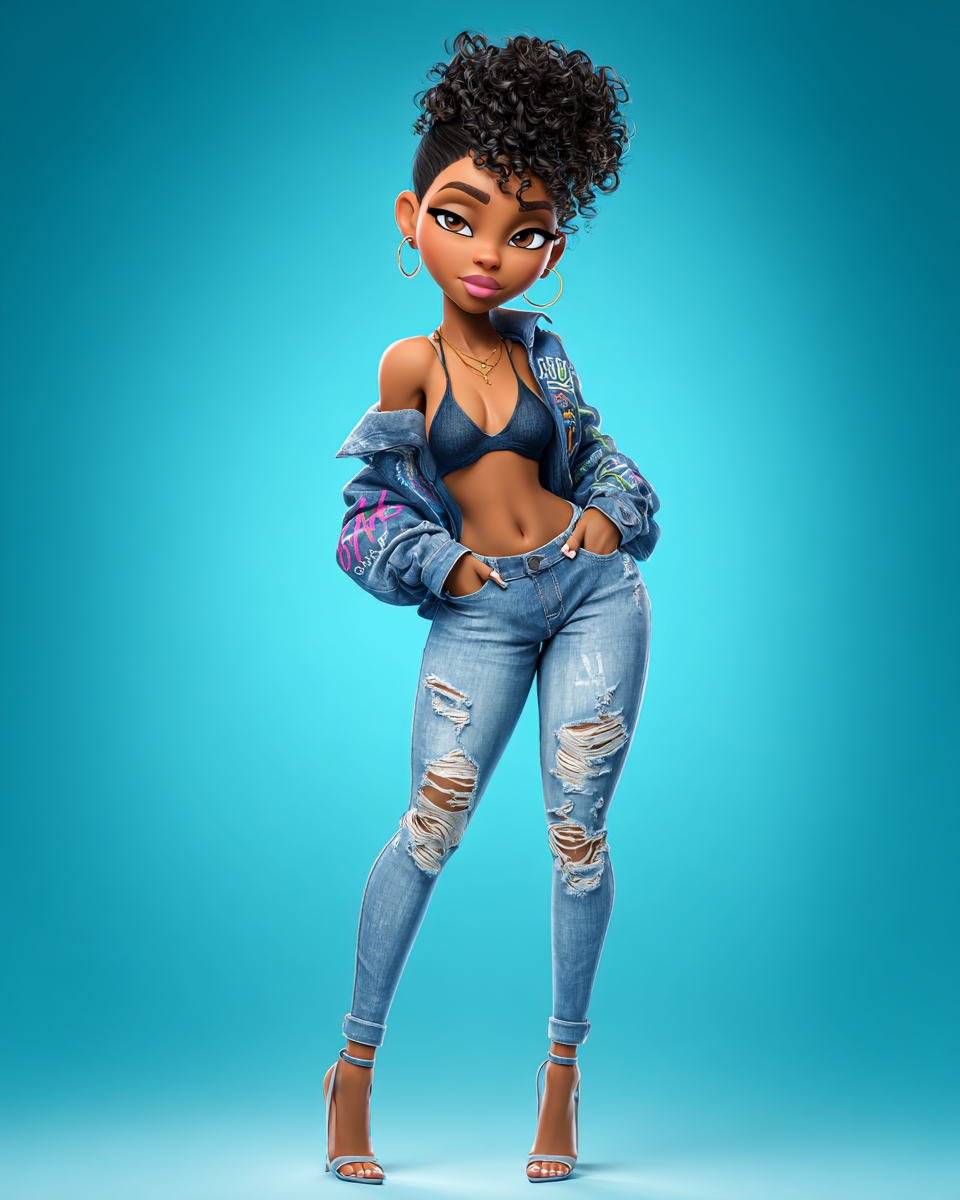 3D animated Black girl with curly updo, wearing ripped jeans, denim jacket, and heels on blue background.