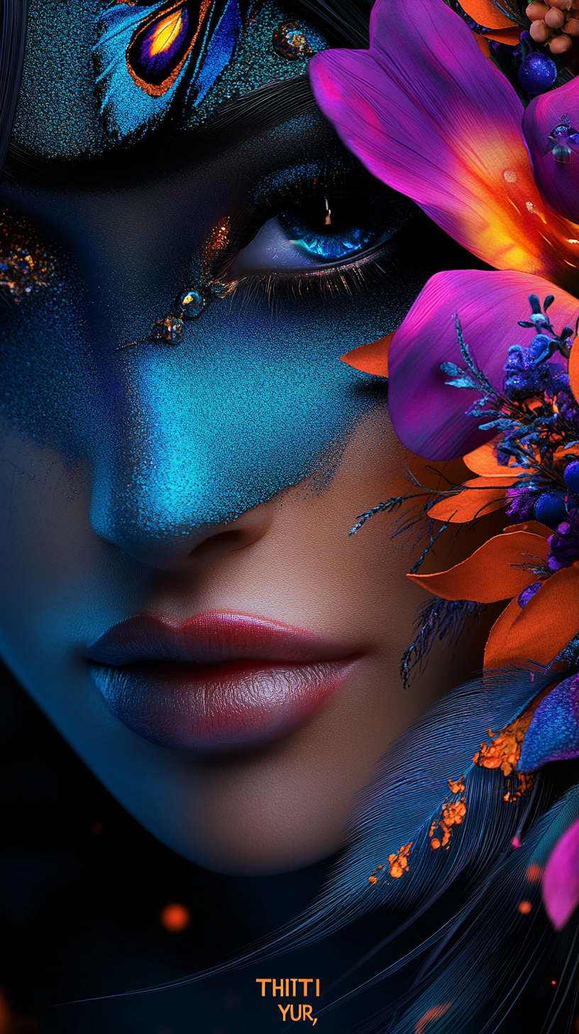 A woman with vibrant teal face paint and blue eyes adorned with colorful tropical flowers and butterfly accents.