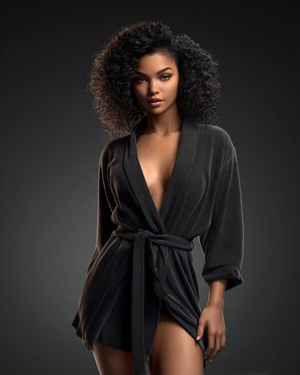 A woman with curly hair wearing a black wrap robe poses confidently against a dark studio background.