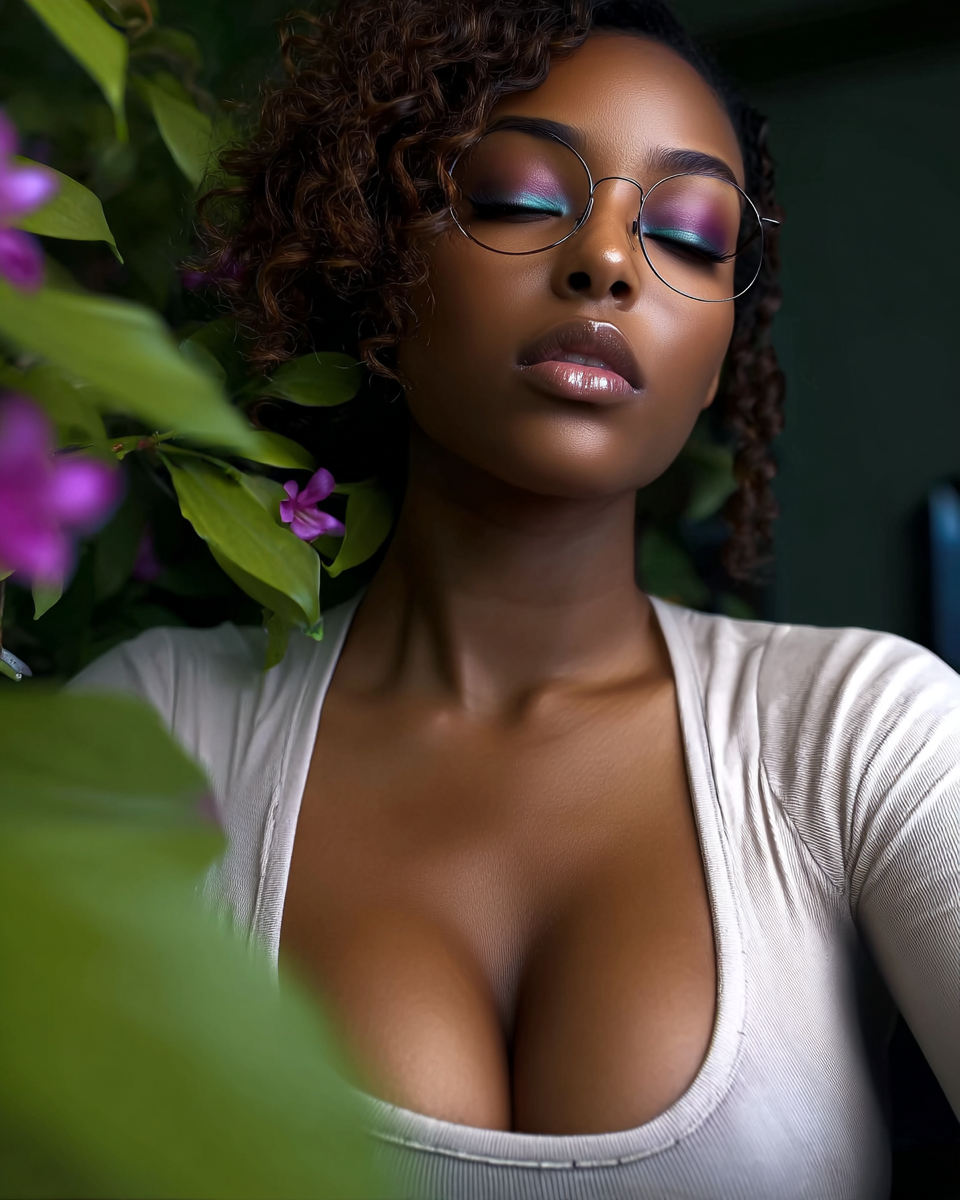A young Black woman with curly hair and glasses poses gracefully near lush green plants and purple flowers.