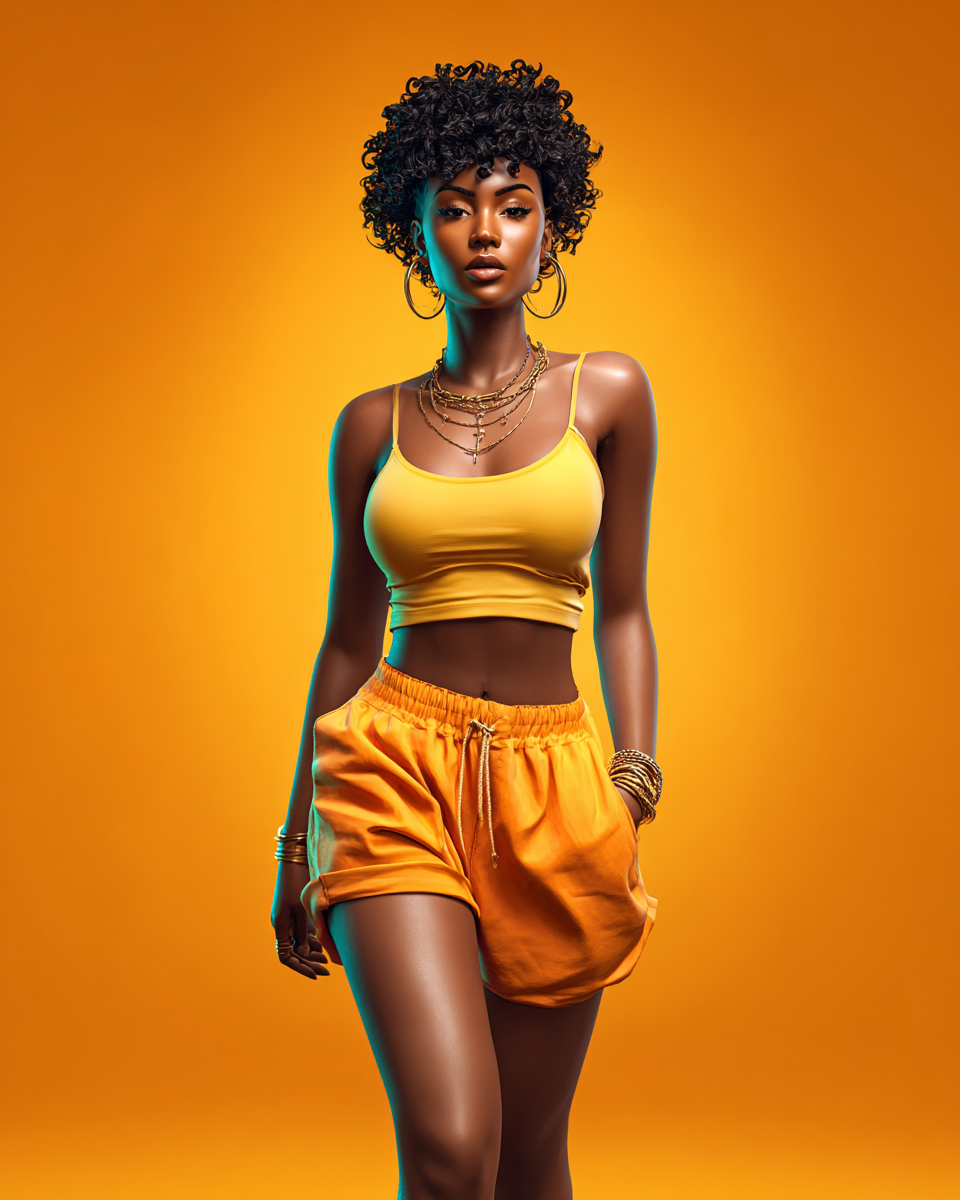 A stylish Black woman in a yellow crop top and orange shorts poses confidently against a vibrant orange background.