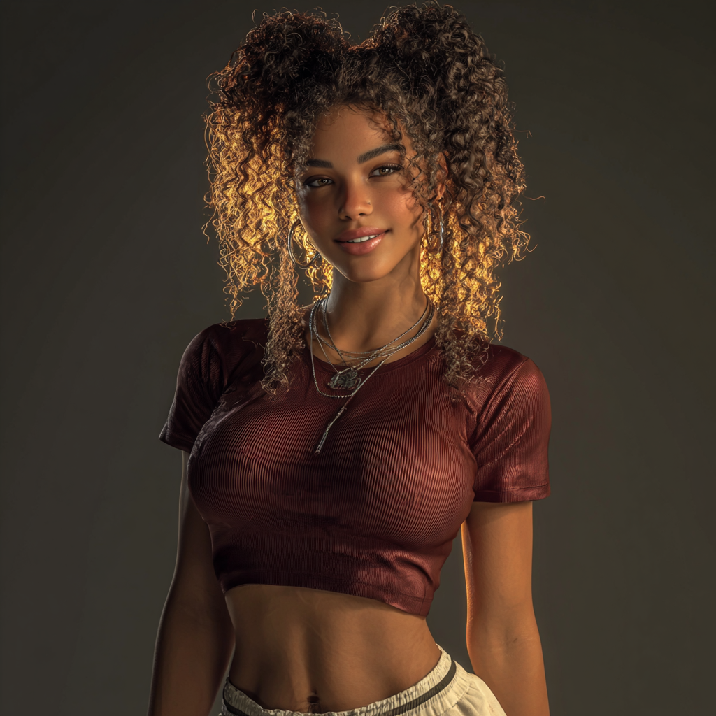Young woman with curly hair in a maroon crop top and white pants poses confidently against a dark background.