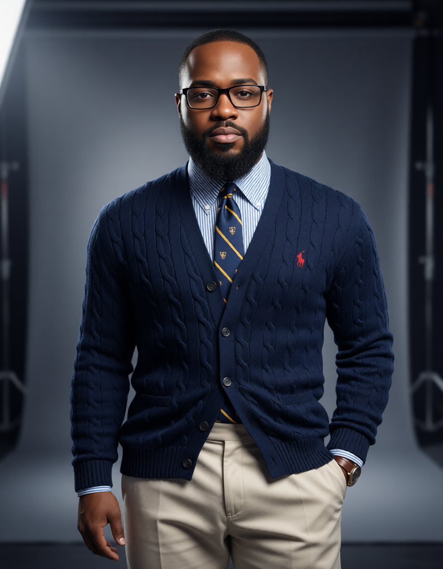 Bearded man in glasses wearing a navy cable-knit cardigan, striped tie and khaki pants, standing with one hand in his pocket.