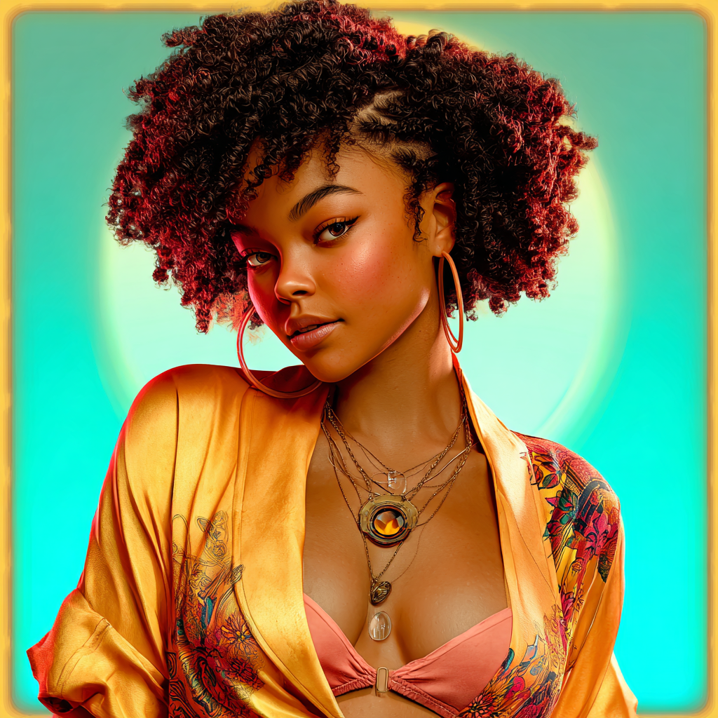 A stylish young Black woman with a curly afro wearing a golden satin kimono and layered necklaces against a teal background.