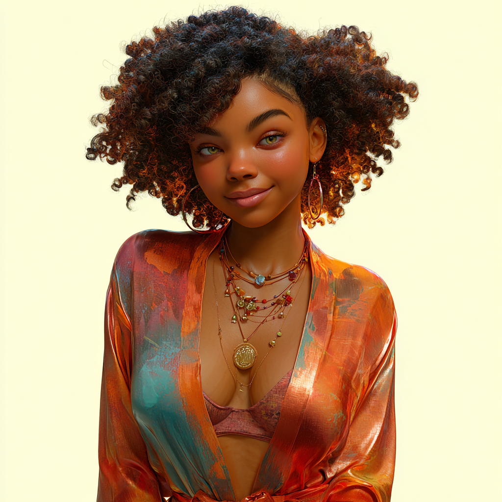 Digital art of a stylish young Black woman with curly hair, colorful silk blouse, gold jewelry, smiling confidently.
