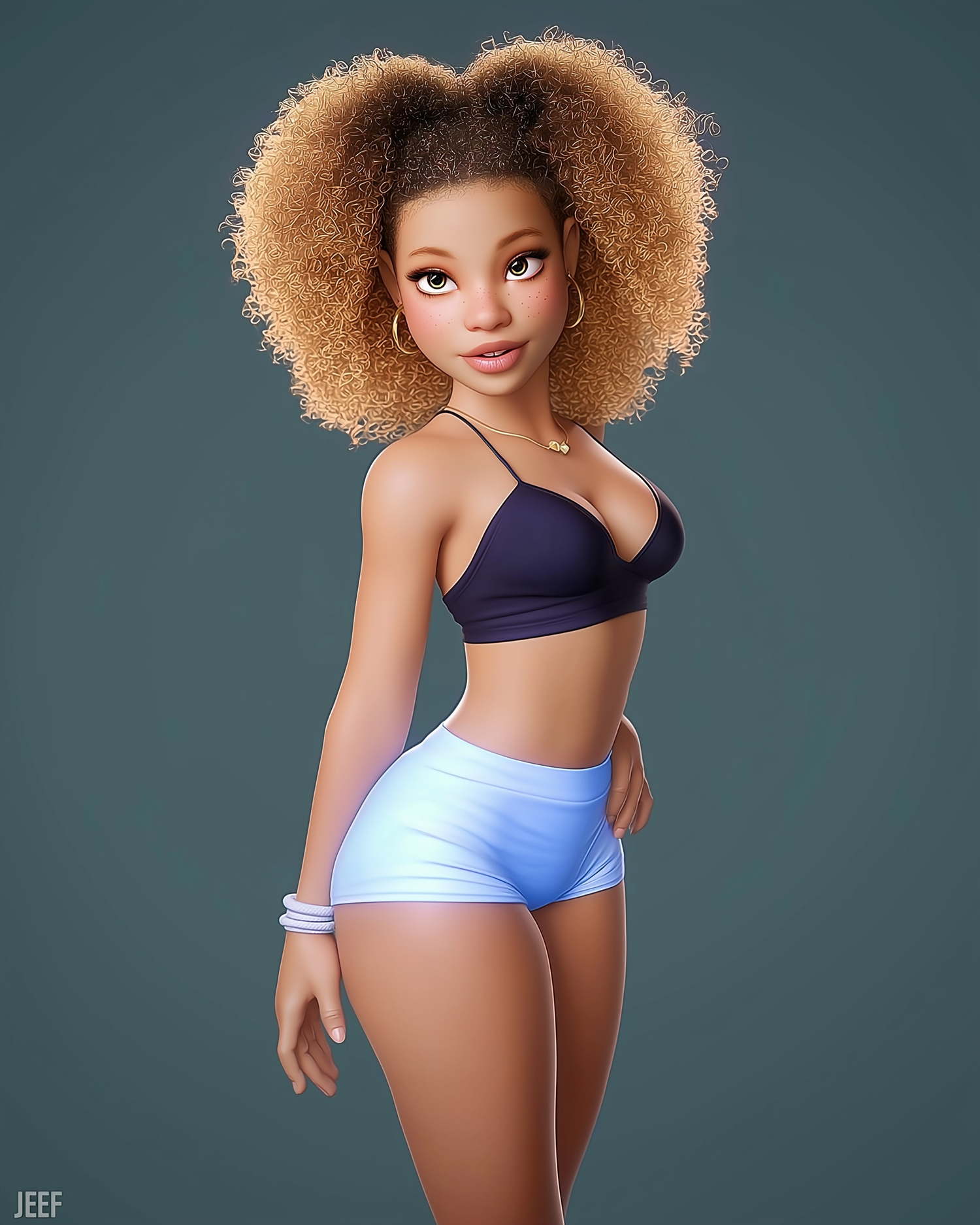 3D animated girl with curly afro hair wearing navy crop top and light blue shorts on gray background.