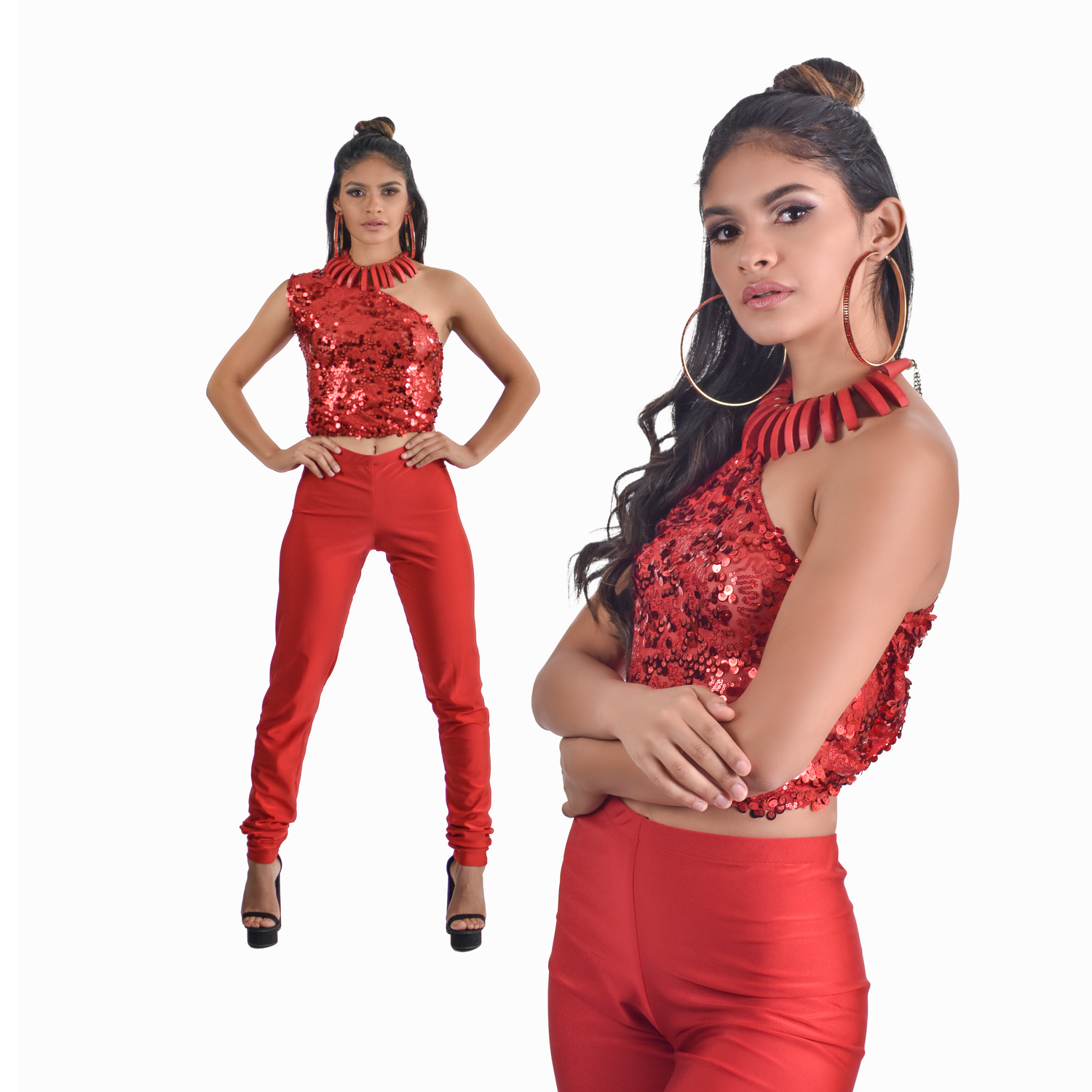 Fashion model showcases red sequined two-piece outfit with high neck design.