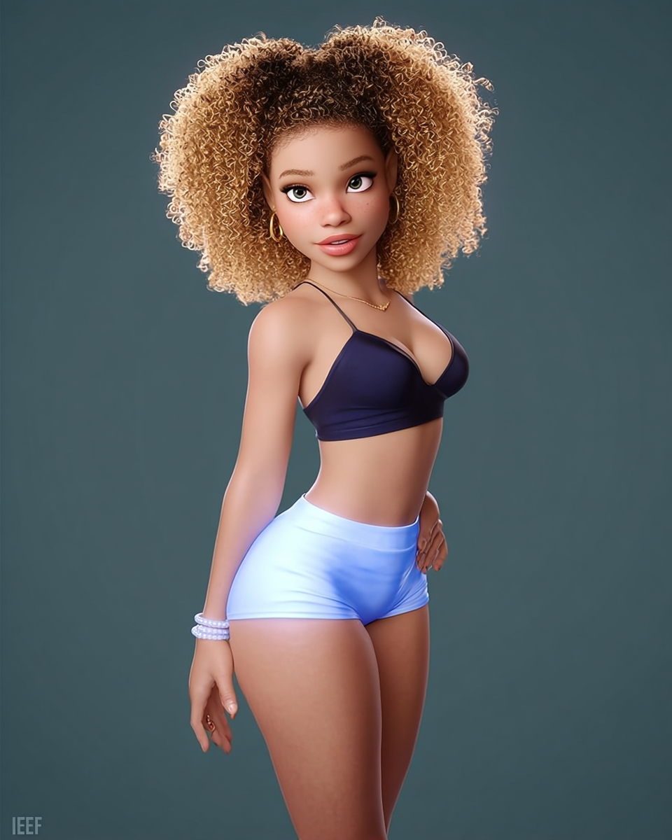 3D animated girl with curly blonde hair wearing a navy crop top and light blue shorts against gray background.