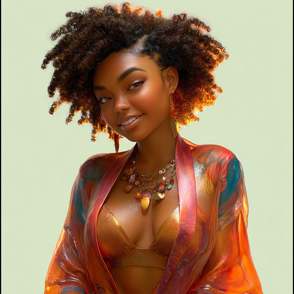 A stylish young woman with natural curly hair wearing a colorful sheer jacket and gold necklace against a soft green background.