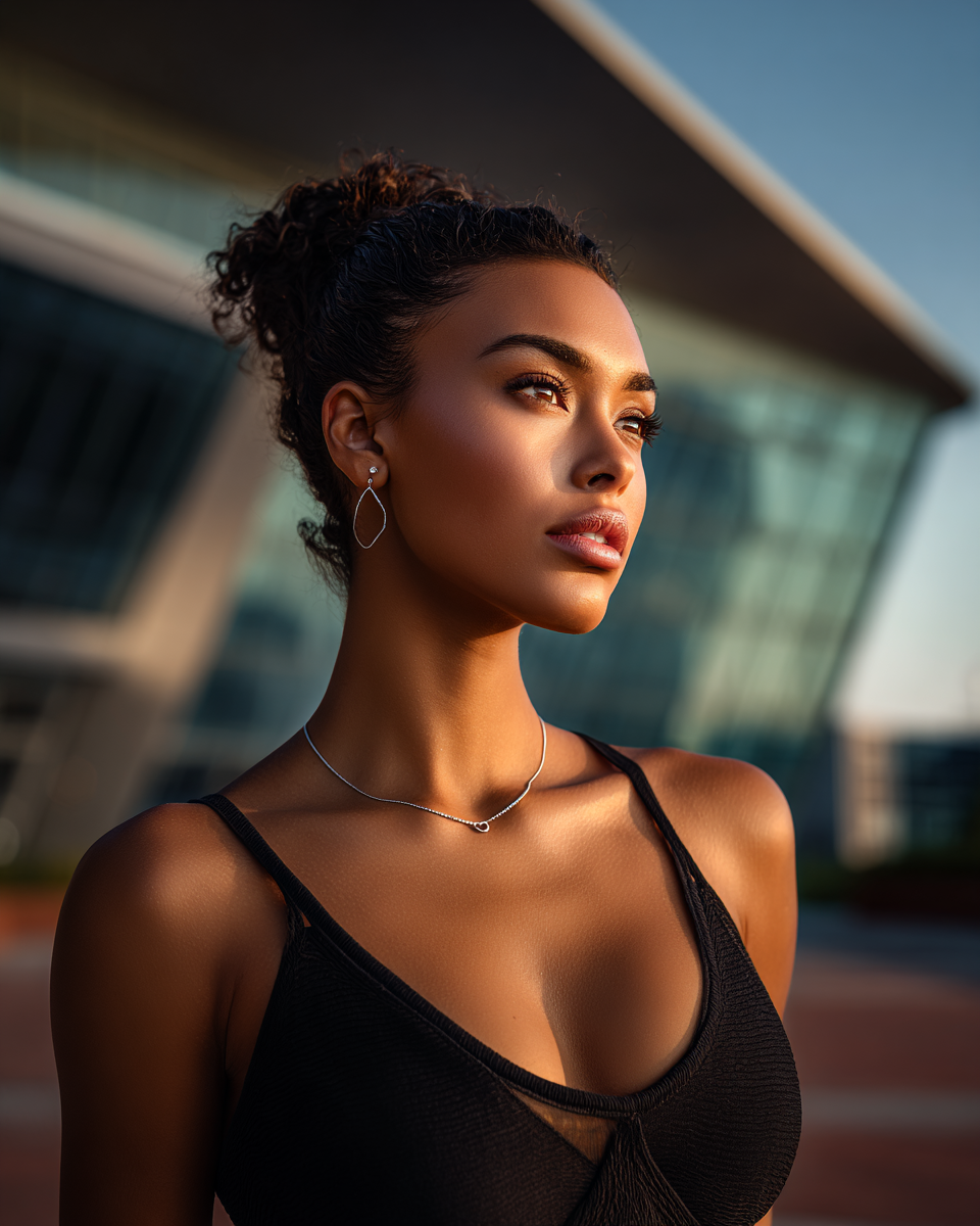 A confident woman in a black top wearing a necklace poses outdoors near a modern glass building at dusk.