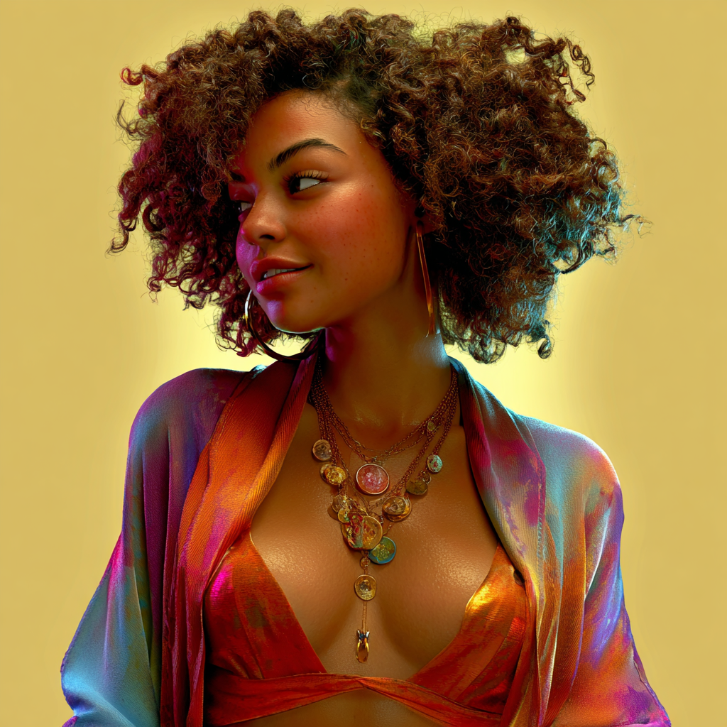 A stylish Black woman with natural curly hair wearing a colorful iridescent outfit and layered gold necklaces on a yellow background.