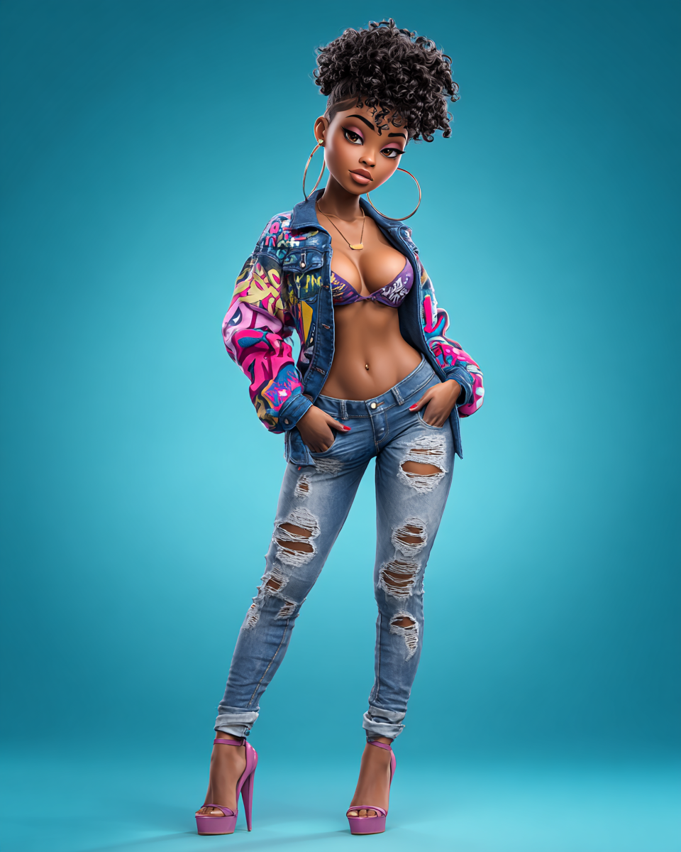 3D animated Black woman in ripped jeans, colorful graffiti jacket, purple bralette, and pink heels on teal background.