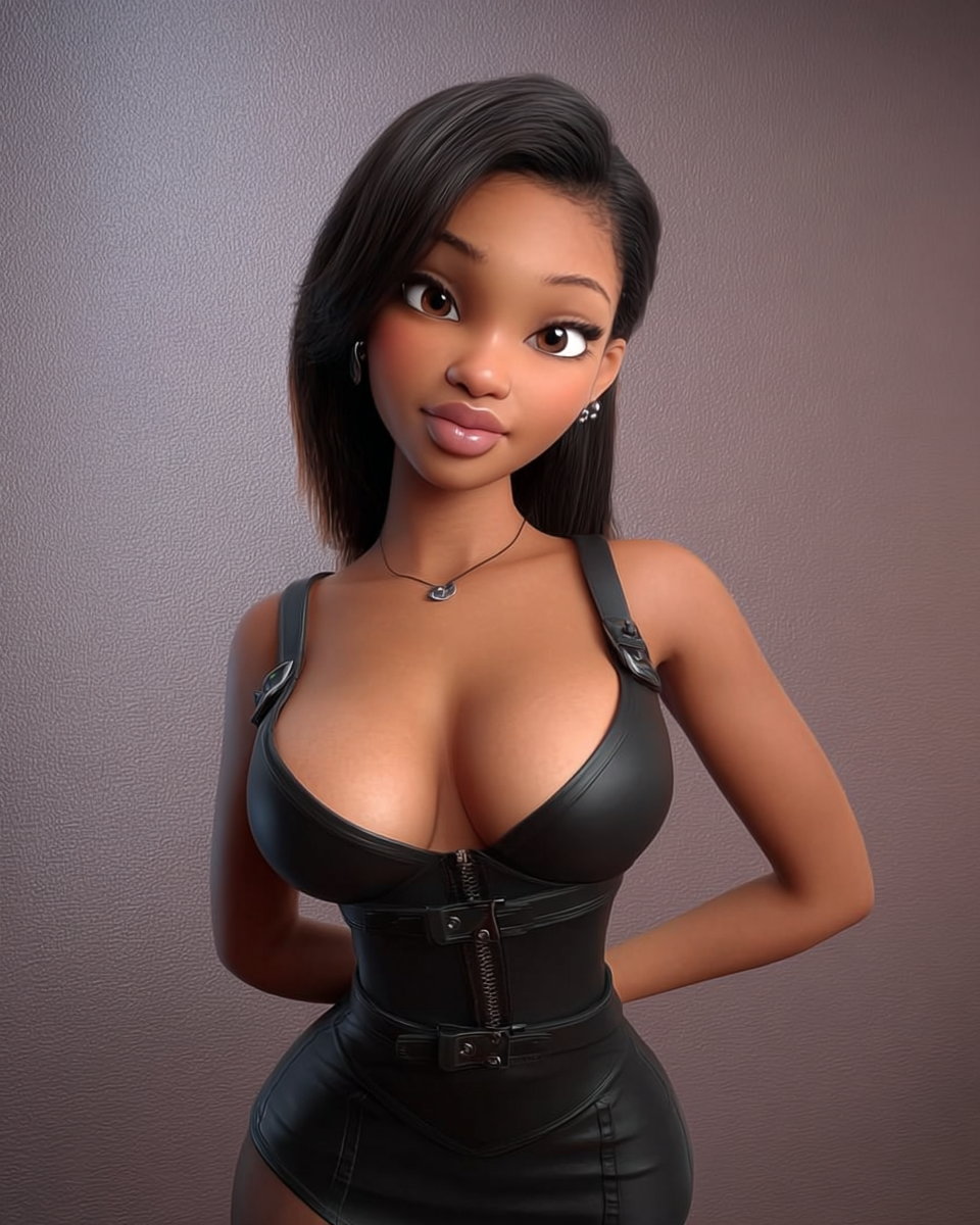 3D animated woman in black leather corset dress with shoulder straps, dark hair, wearing a necklace, studio background.