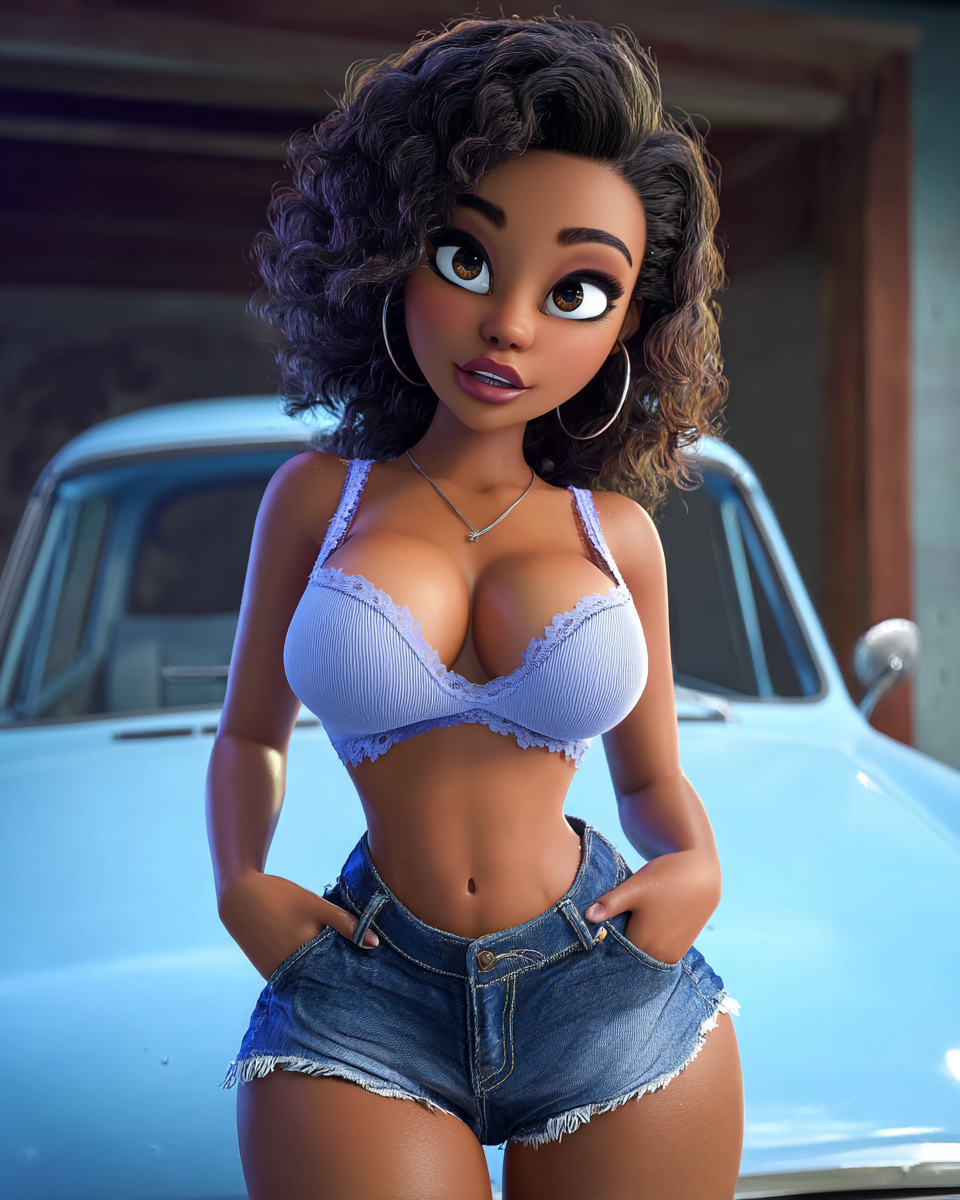 3D animated curvy woman in lavender bralette and denim shorts with curly hair, posing near a vintage blue car.