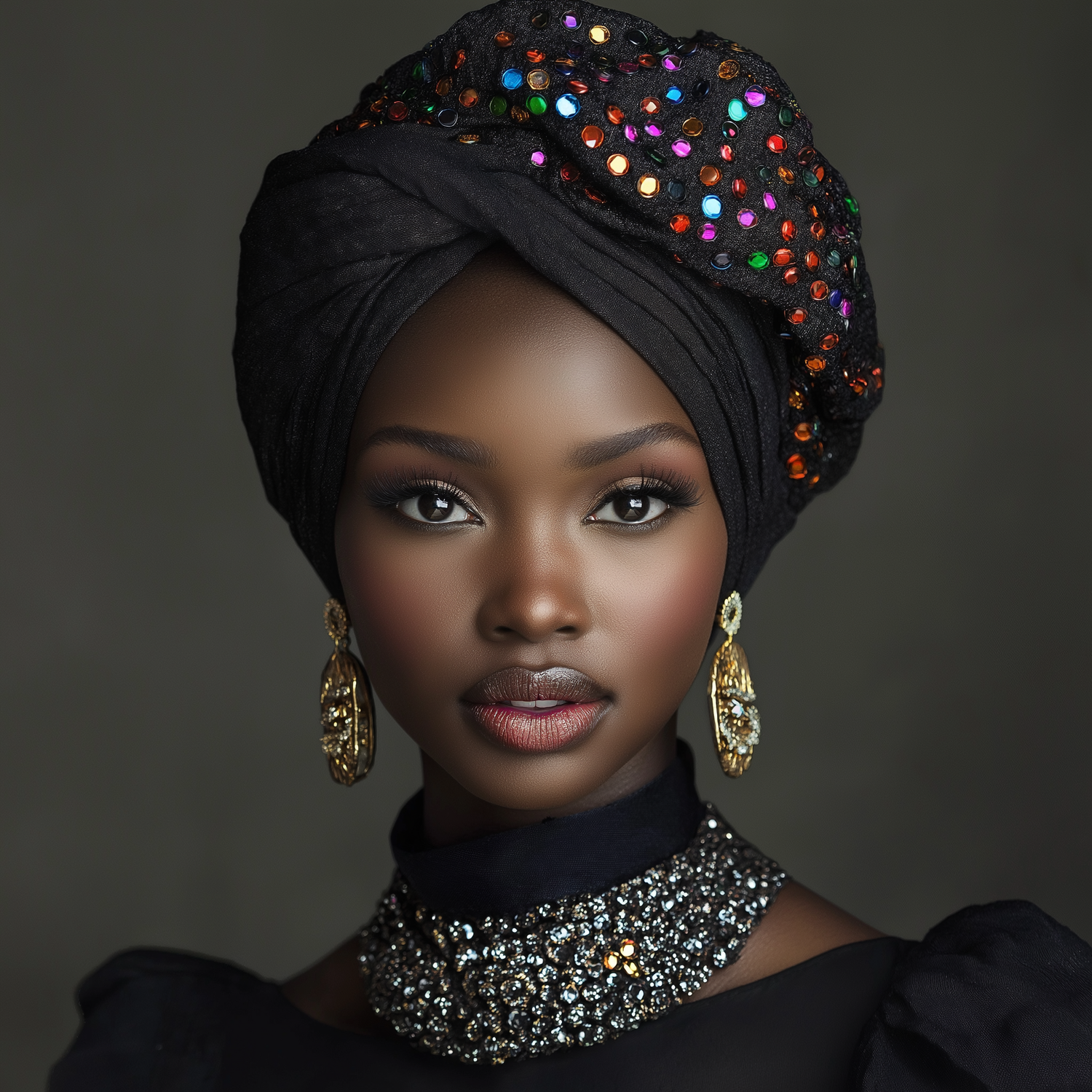 A stunning Black woman wearing a jeweled black turban, gold earrings, and a beaded necklace poses elegantly.