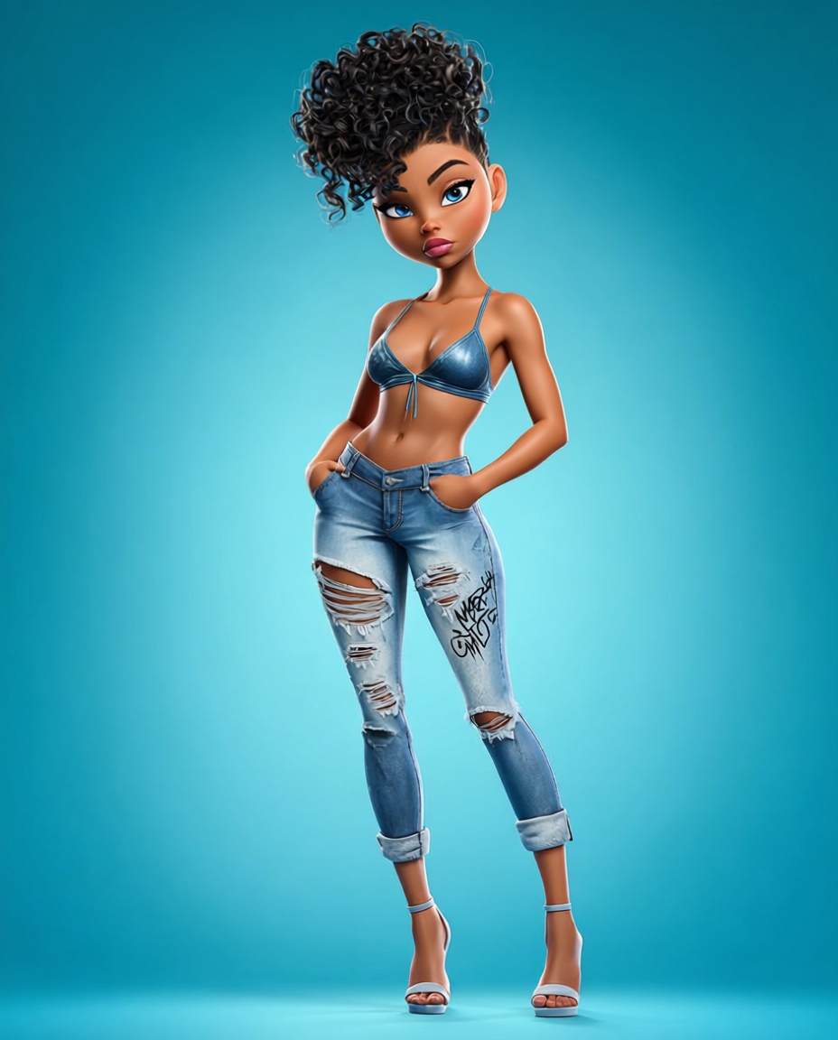 3D animated Black female character with curly updo, wearing denim crop top and ripped jeans, posing confidently on blue background.