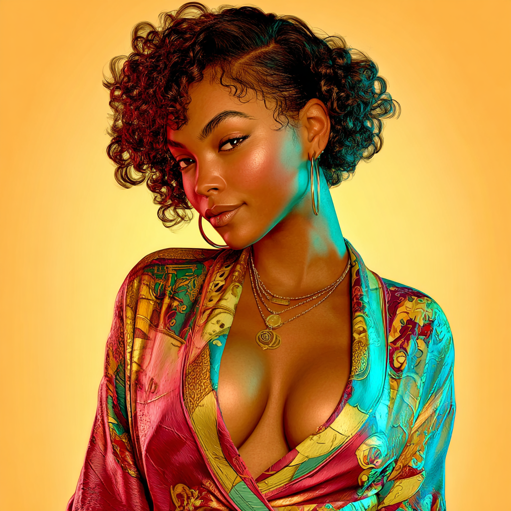 Illustrated portrait of a young woman with curly hair wearing a colorful silk robe against a golden background.