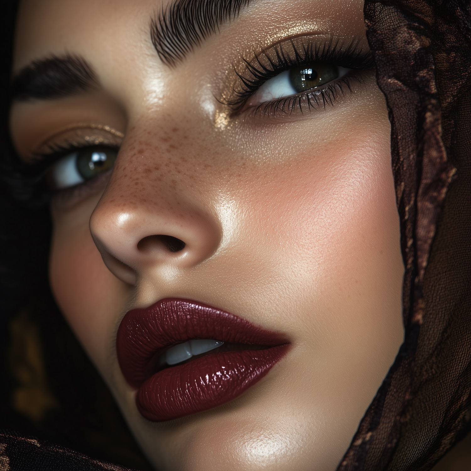 Close-up of a woman with gold eyeshadow, dark red lips, freckles, and a brown lace hijab, showcasing elegant makeup.