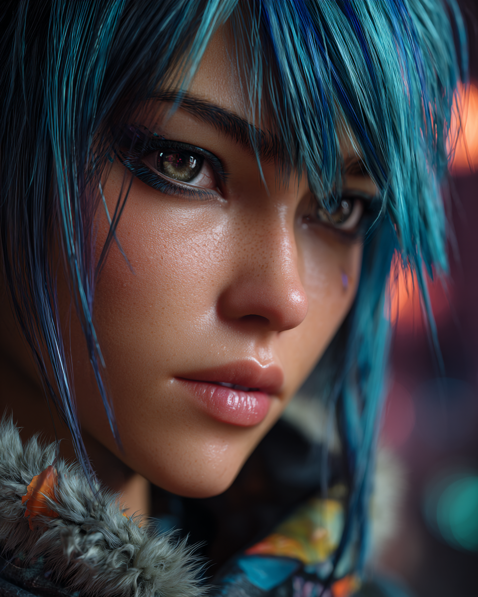 Close-up portrait of a young woman with vibrant blue hair, intense brown eyes, and glowing skin against a bokeh background.