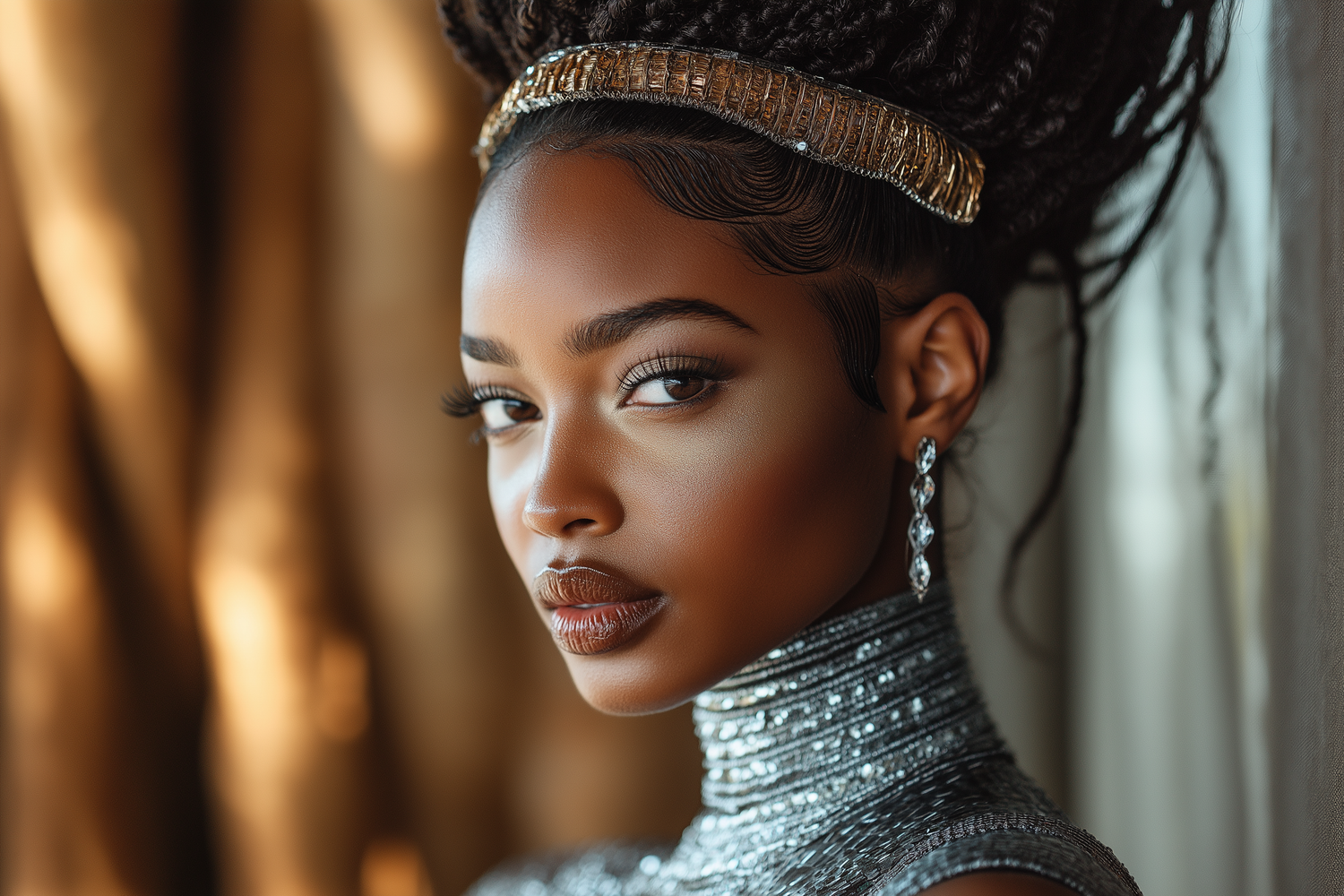A stunning Black woman in silver sequined top wearing gold headpiece and crystal earrings poses elegantly.