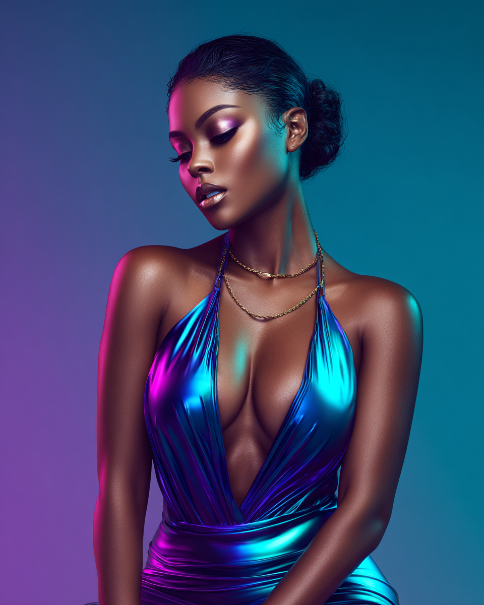 A Black woman in a holographic blue halter dress poses under neon purple and teal studio lighting with elegant makeup.