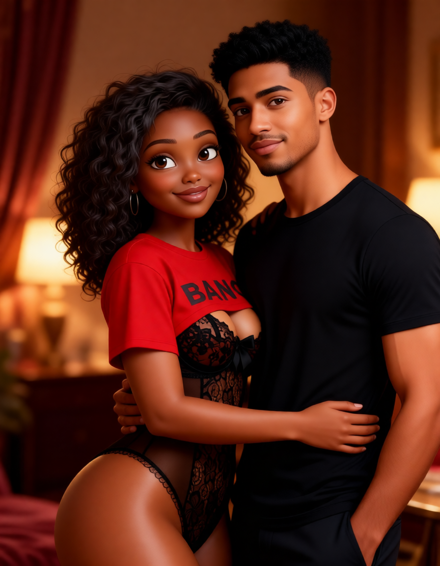 Animated couple posing together, woman in red crop top and lace shorts, man in black t-shirt, warm bedroom lighting.