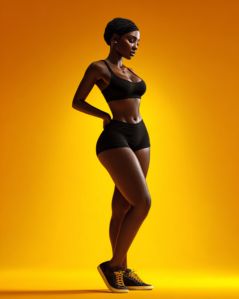 A fit Black woman in black sports bra and shorts poses confidently against a vibrant yellow background wearing black sneakers.