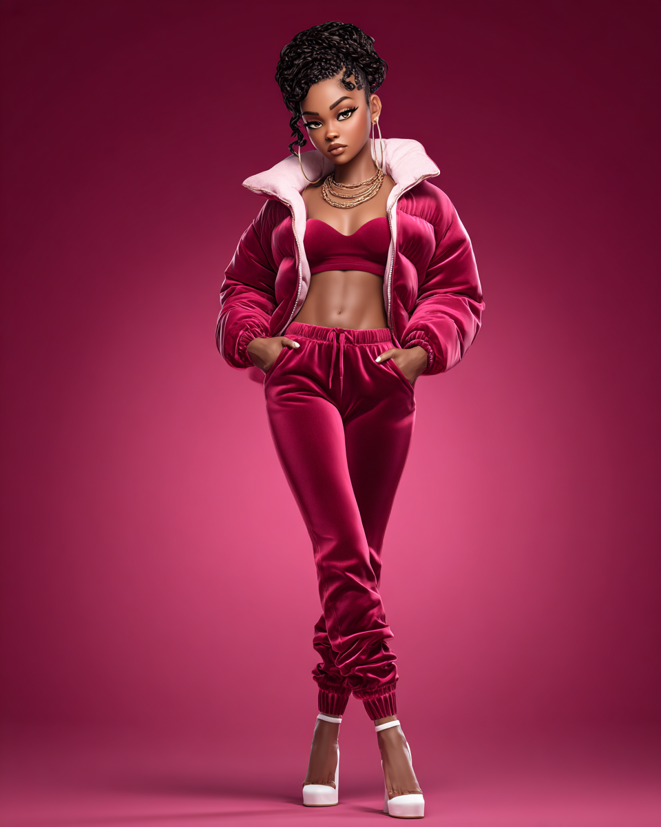 3D animated Black woman in burgundy velvet tracksuit and white heels posing on a deep pink background.