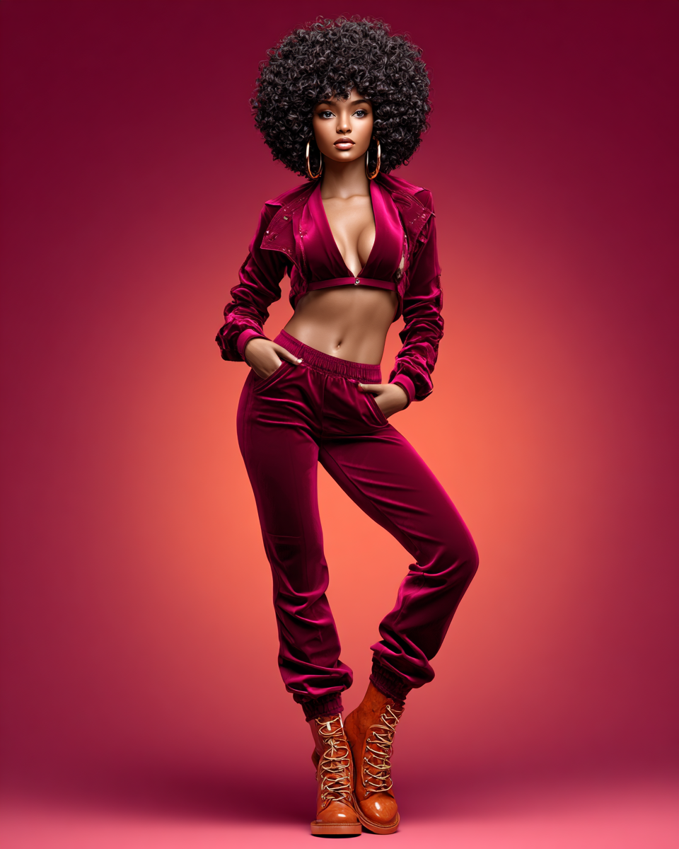 A woman in a burgundy velvet crop jacket and joggers with an afro hairstyle poses against a red gradient background.