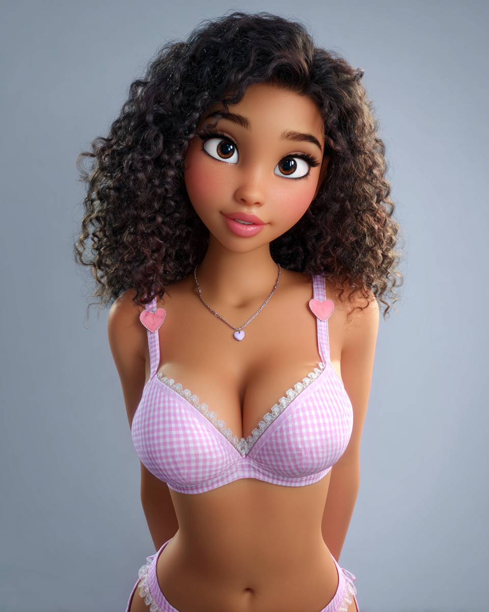 3D animated girl with curly dark hair wearing a pink gingham bra and matching bottoms with heart details.