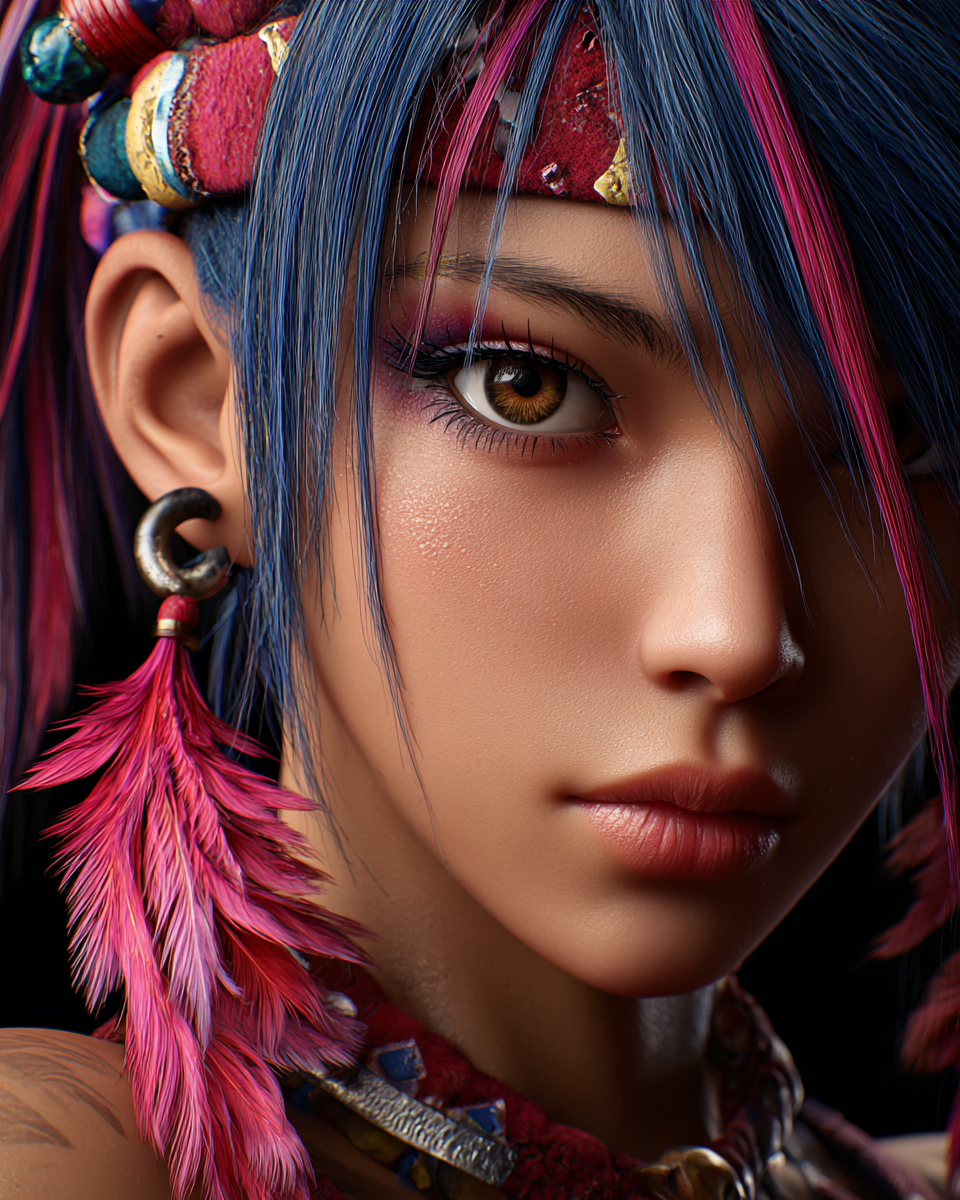 Close-up of a fantasy warrior woman with blue and pink hair, feather earrings, and amber eyes in tribal style.