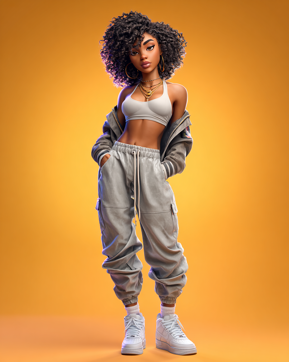 3D animated woman with curly hair wearing gray joggers, crop top, open jacket, and white sneakers on orange background.