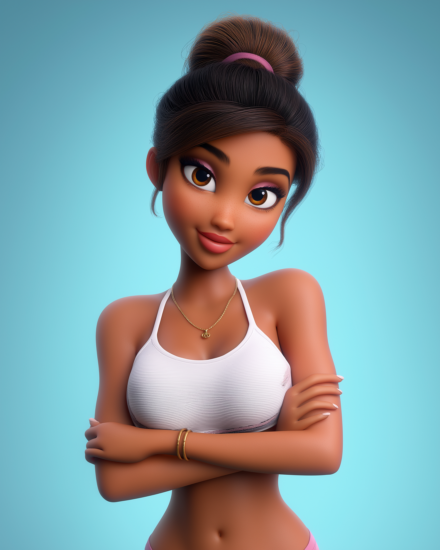 3D animated young woman with dark hair in bun, white crop top, gold necklace, arms crossed, light blue background.
