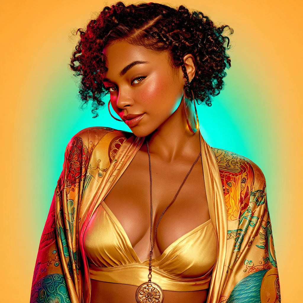 A stylish woman with curly hair wearing a gold bikini top and colorful kimono jacket, posed against a teal and orange background.