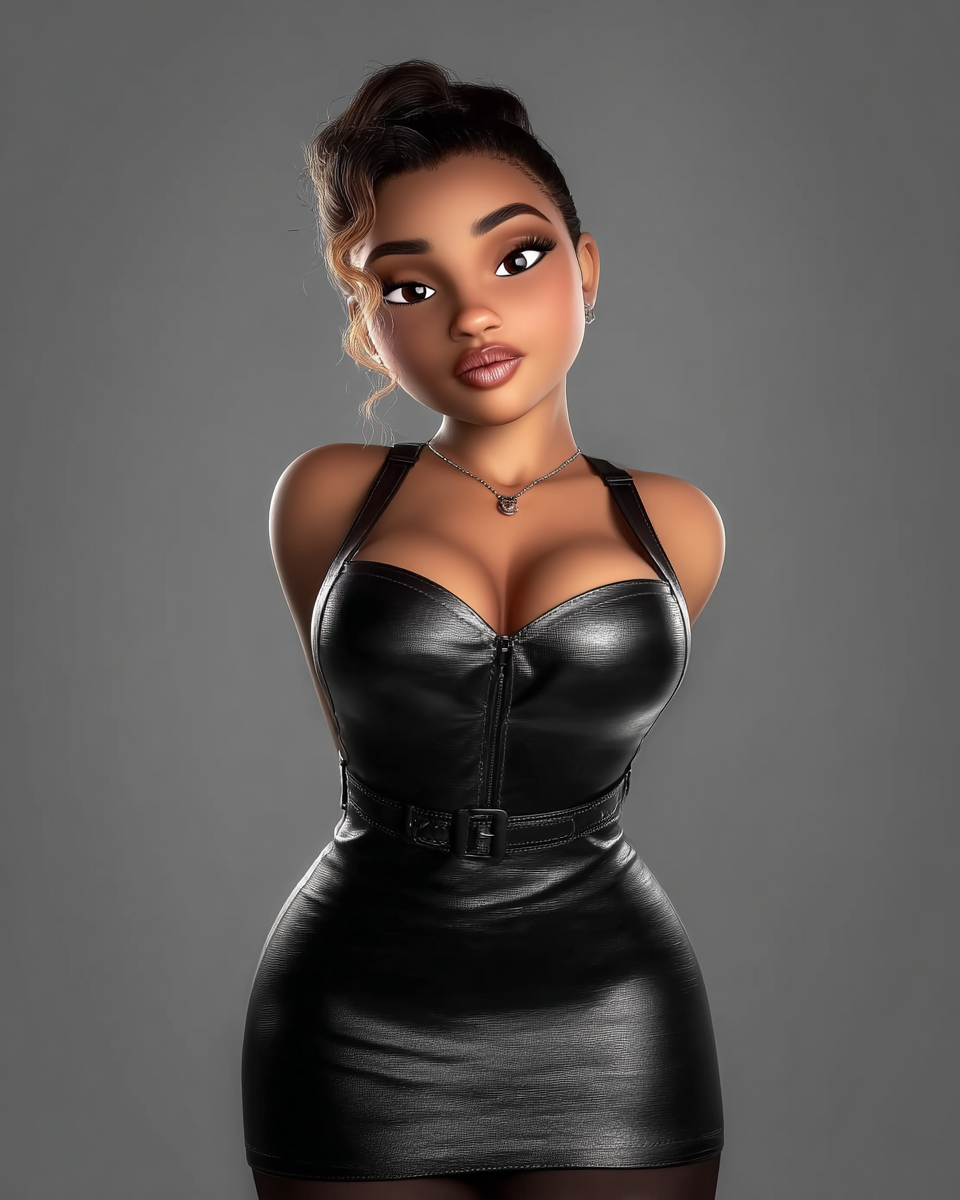 A digital art illustration of a young woman in a black leather mini dress with a cinched waist on a gray background.