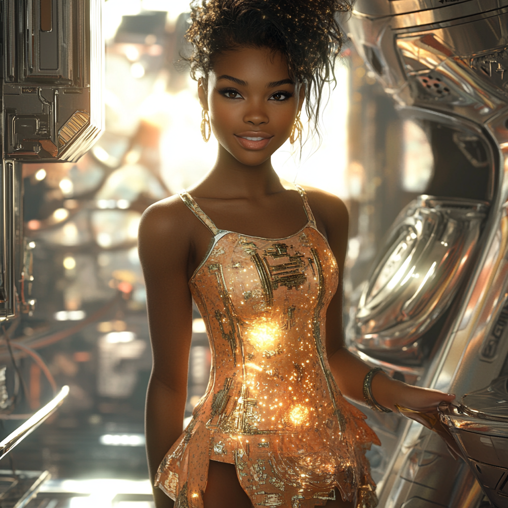 A young Black woman in a sparkling golden futuristic dress poses confidently in a sci-fi inspired metallic environment.