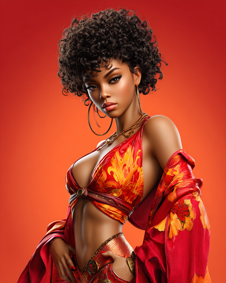 A striking woman in a vibrant red and gold outfit with curly afro hair poses confidently against a bold red background.