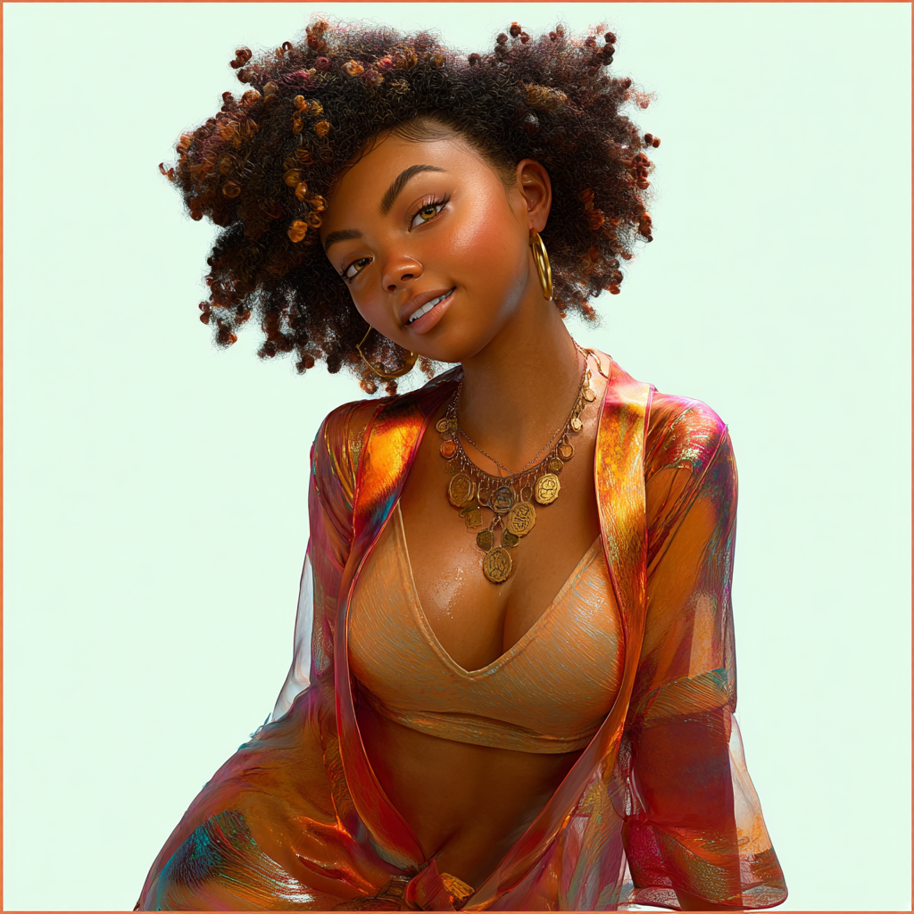 A stylish young Black woman with natural curly hair wearing a colorful sheer jacket, gold necklace, and beige bralette.