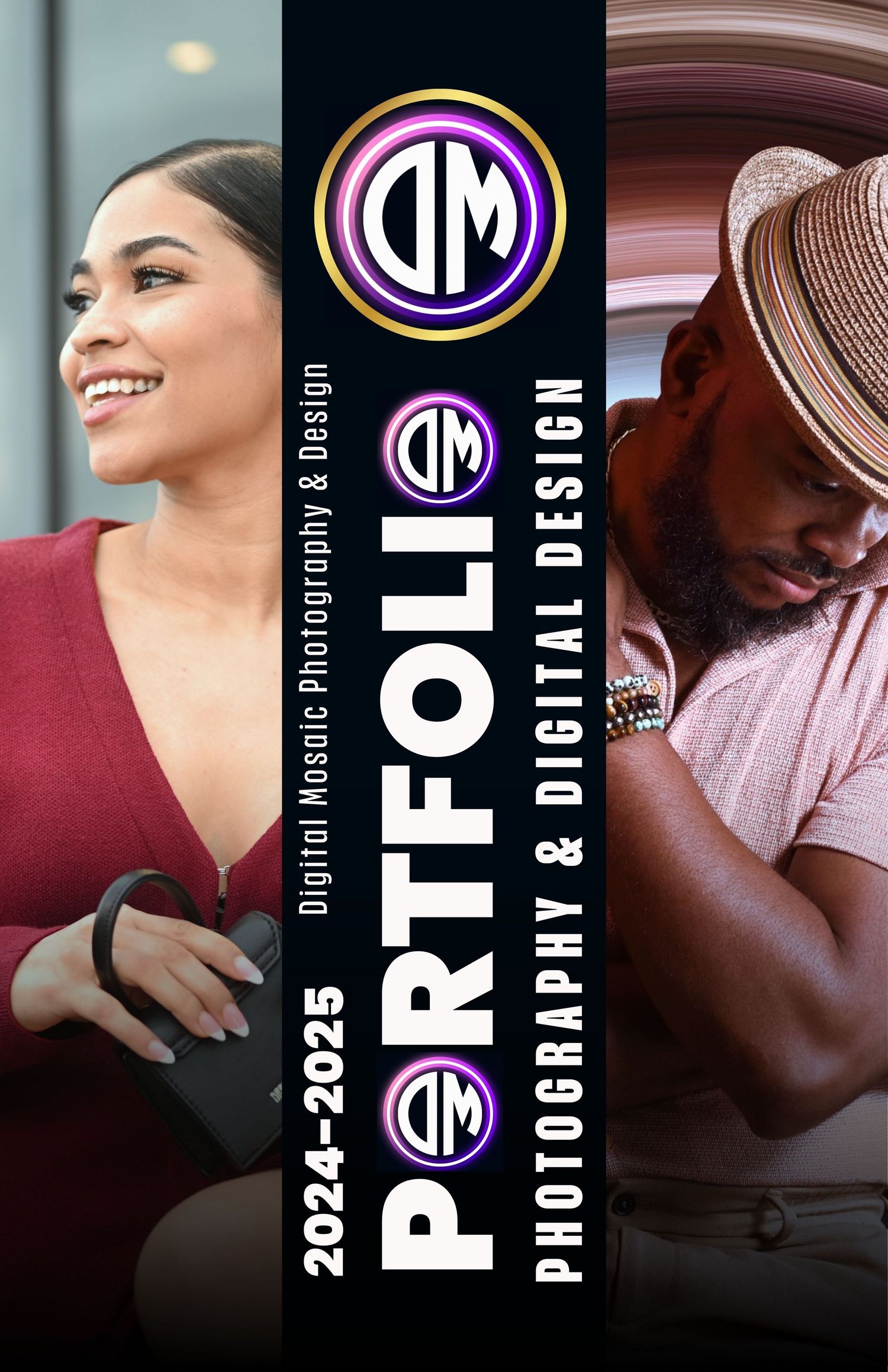Professional photography and digital design portfolio cover with circular logo elements.