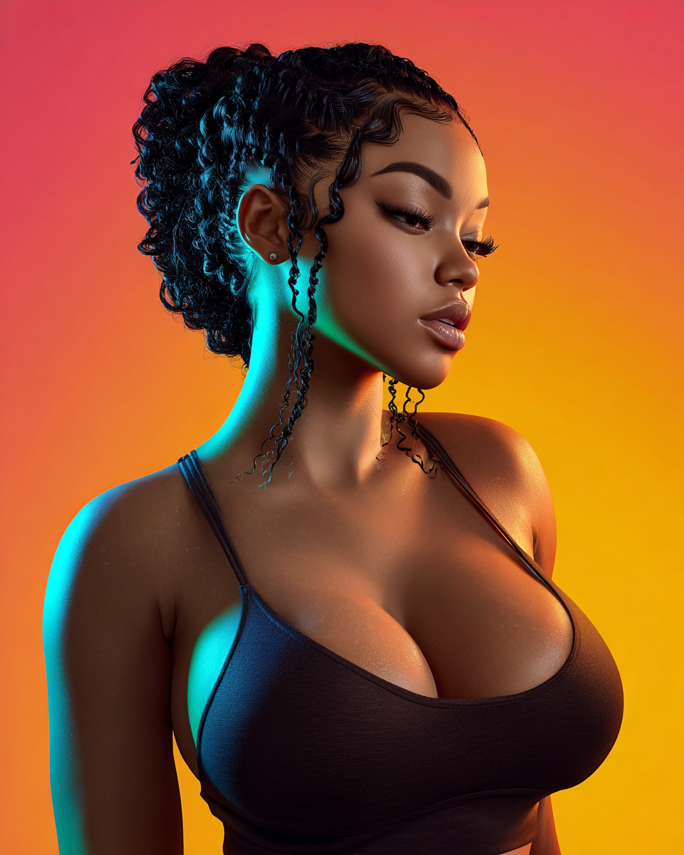 Digital art portrait of a woman with braided updo, wearing a black top, posed against a vibrant gradient background.