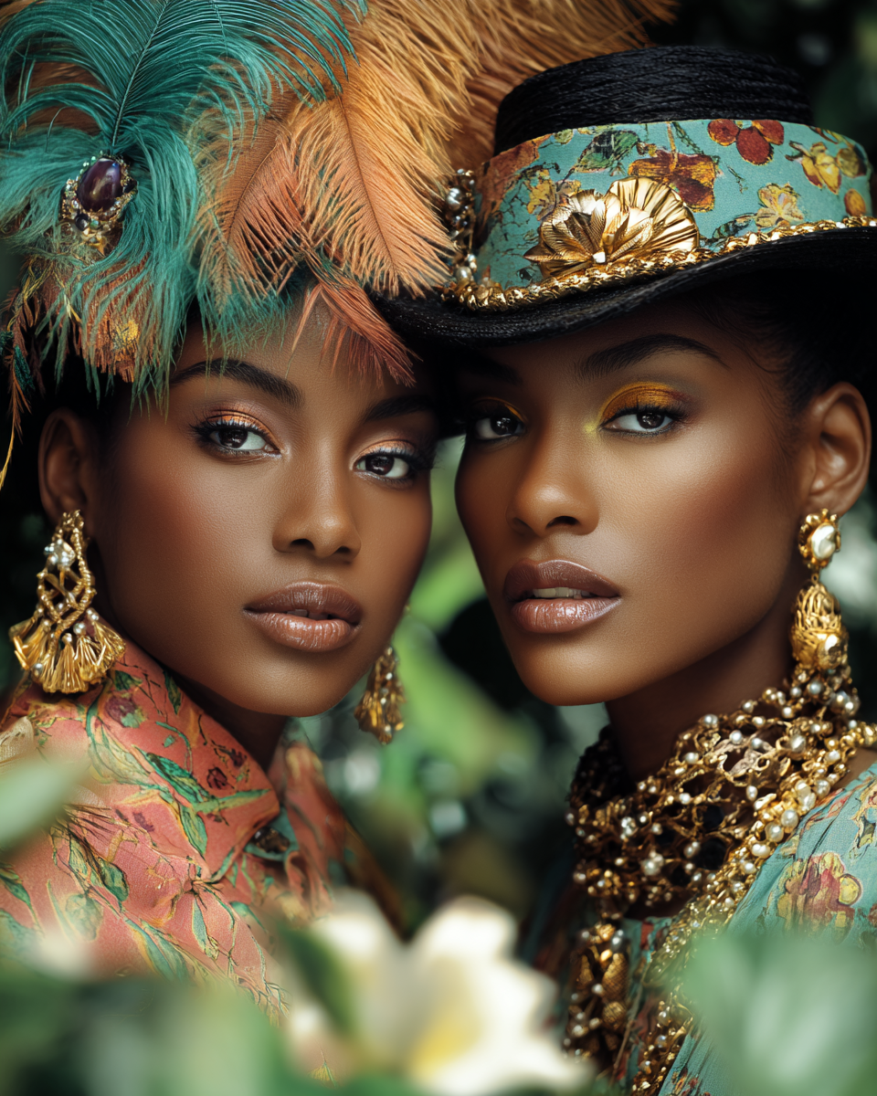 Two women in vibrant gold jewelry and colorful feathered hats pose elegantly amid lush tropical foliage.