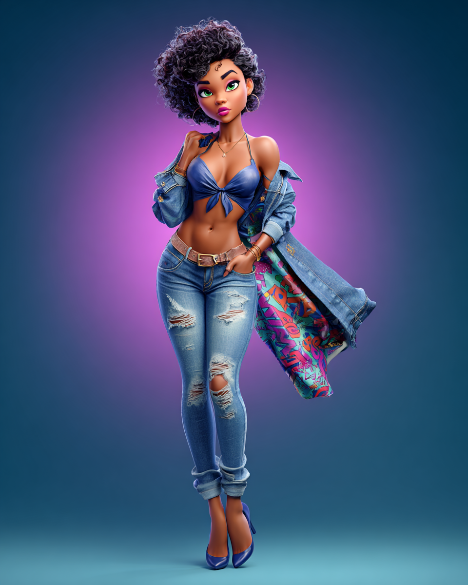3D animated stylish woman in ripped jeans, blue crop top, denim jacket, curly hair, green eyes, posing confidently.