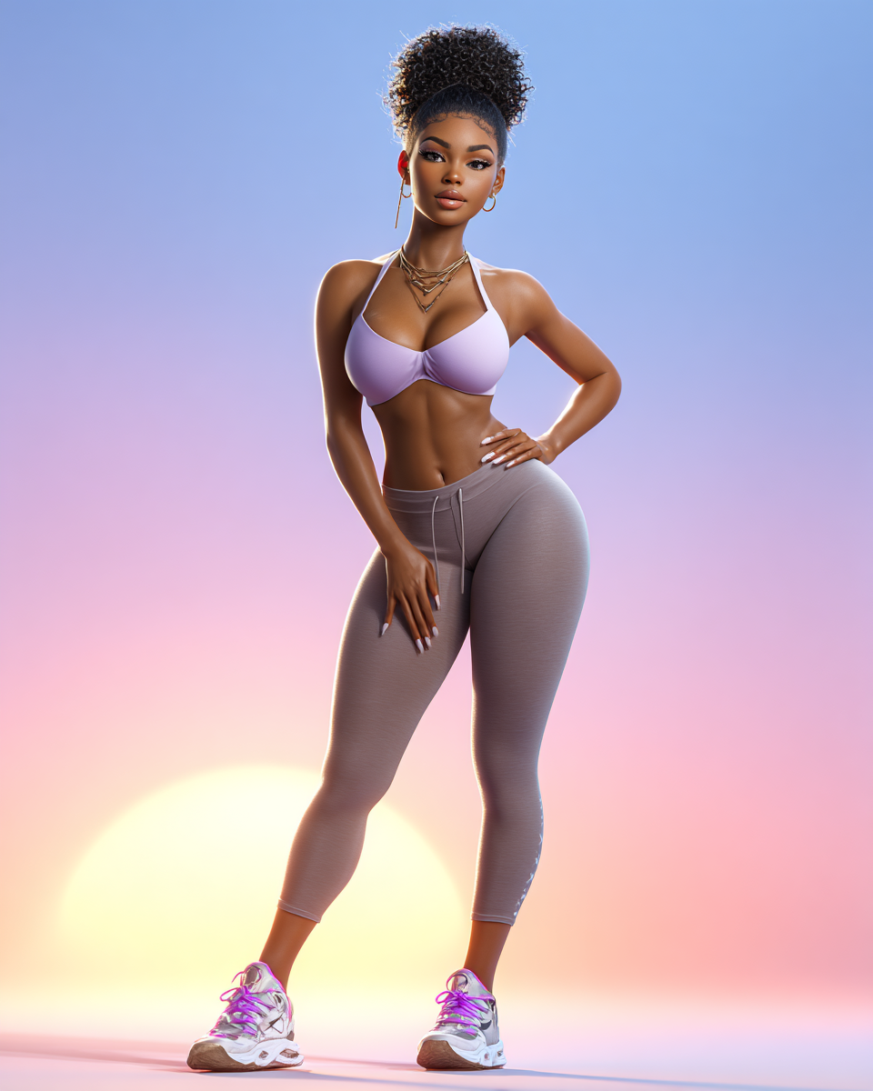 A fit woman in a lavender sports bra and gray leggings poses confidently against a pastel gradient background.