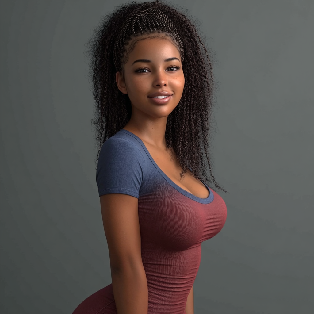 A young woman with braided curly hair wearing a two-tone blue and burgundy fitted top poses against a gray background.