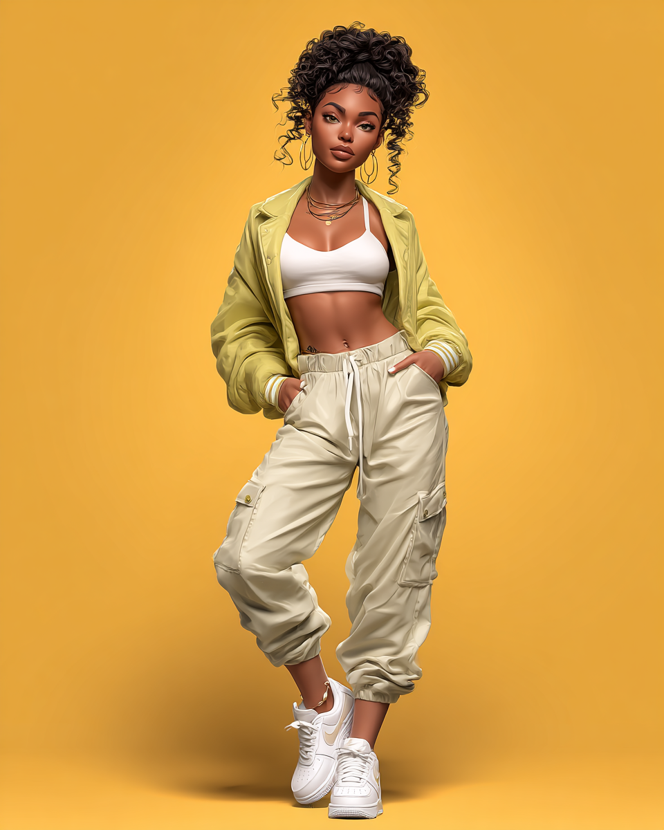 Young Black woman in yellow jacket, white crop top, beige cargo pants, and white sneakers poses on yellow background.