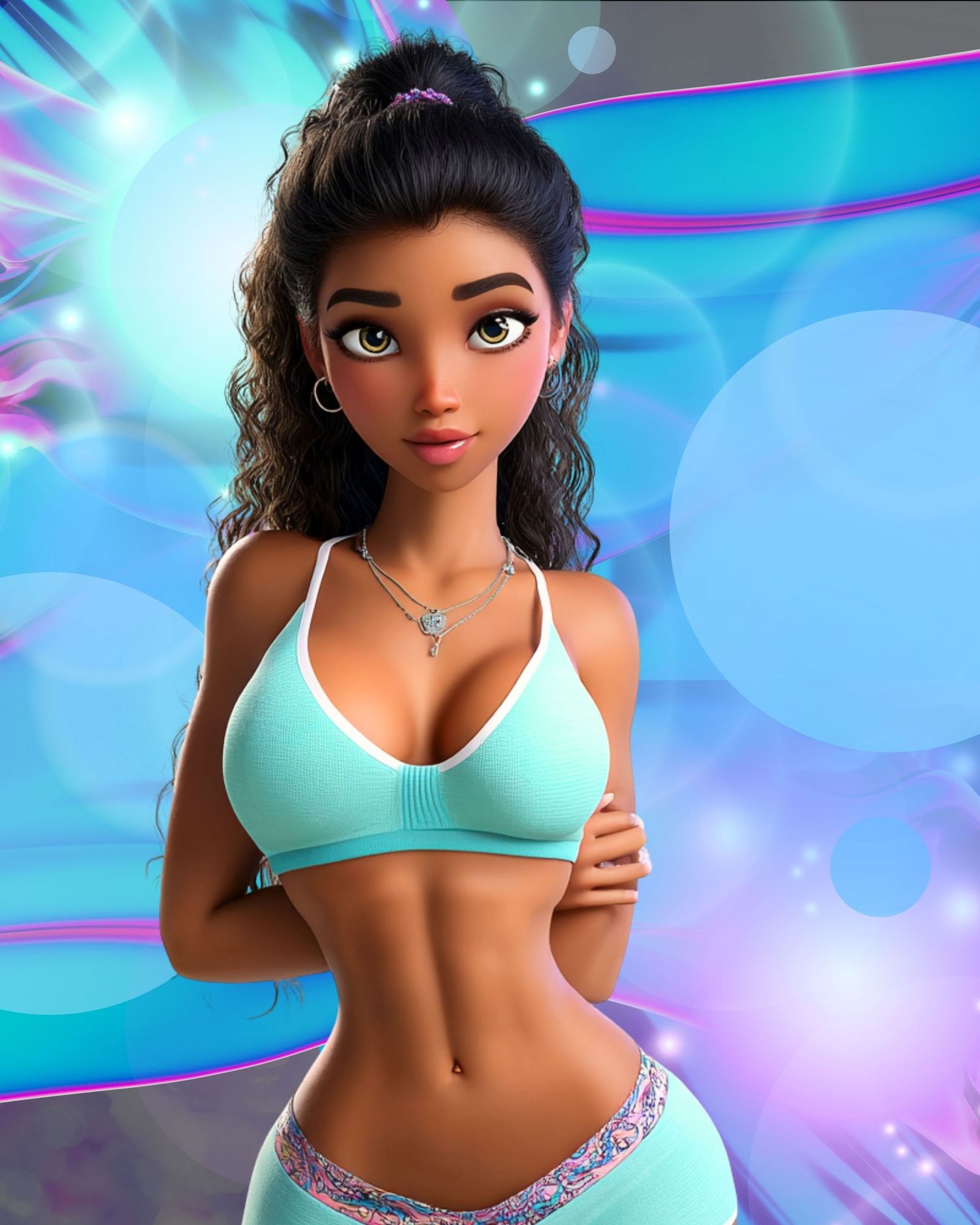 3D animated girl with curly hair, mint crop top and shorts, posing against a colorful blue and purple bokeh background.