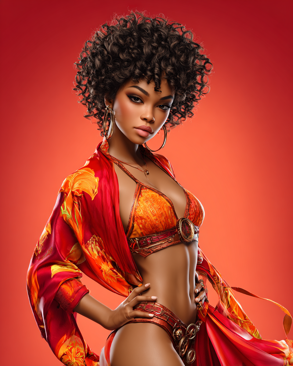 Woman with curly afro hair wearing orange floral bikini top and open shirt, posing against red gradient background.