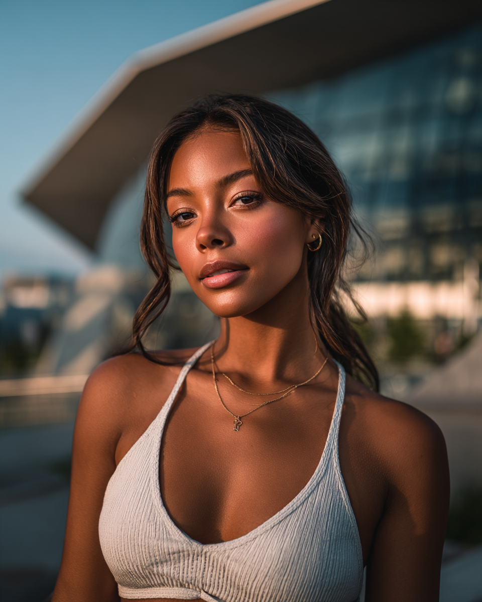 Young woman in white crop top with gold necklace poses outdoors near modern glass building at golden hour.