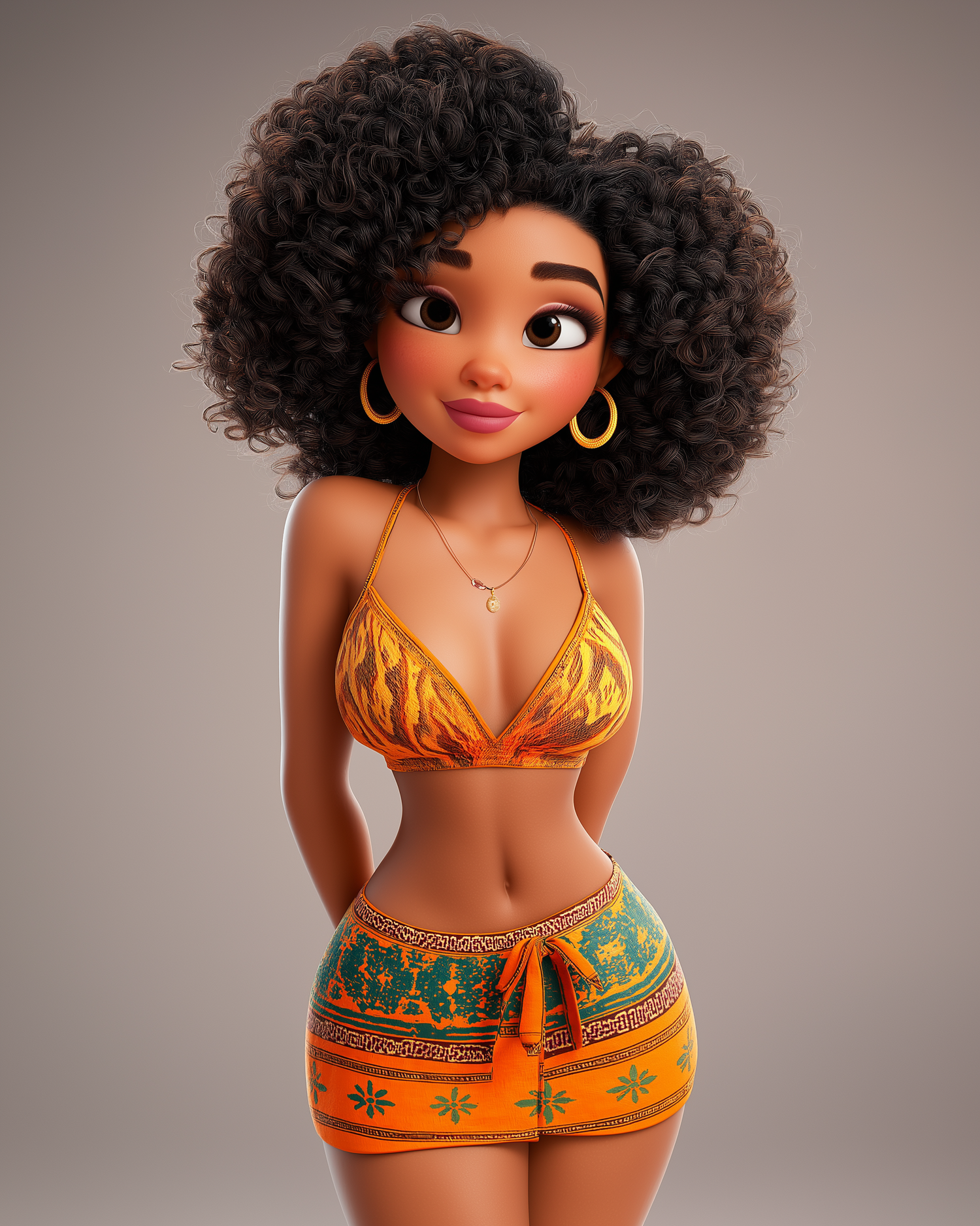 3D animated woman with large afro, wearing orange tribal print bikini top and matching mini skirt, gold hoop earrings.