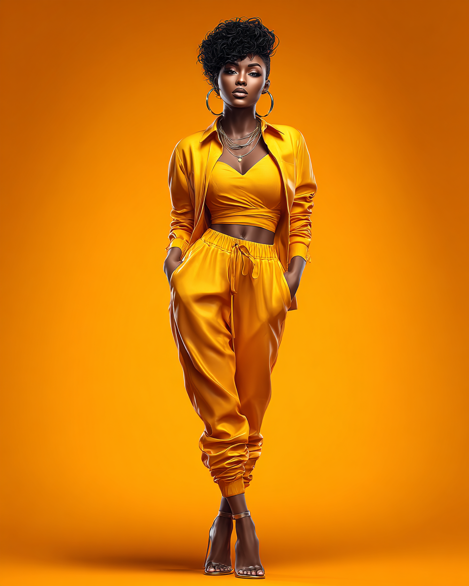 Confident Black woman in monochromatic yellow satin tracksuit and heels posing on orange background.